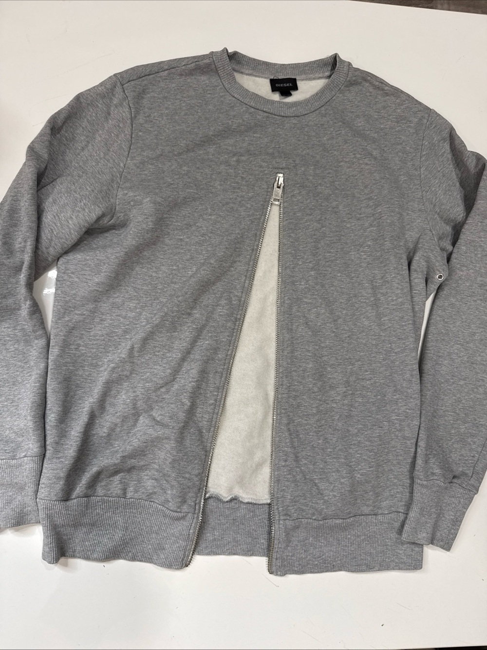 DIESEL S-EZRA Mens Front Zipper Moto Gray Crewneck Sweatshirt XL Streetwear A030